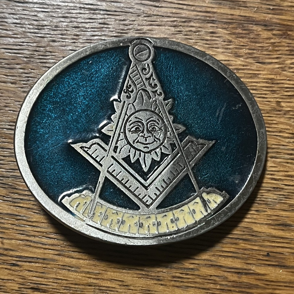 Vintage Rare Past Master Freemason Belt Buckle Sun Green/Teal Colored #2661